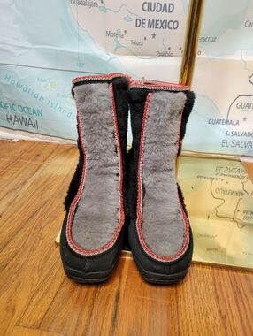 Vintage Snowland Faux Fur Winter Boots in Black and Gray with Red Trim